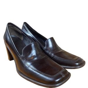 Coach Elsa Spazzolato Brown Leather Square Toe Stacked Block Heel 7.5 B 7 1/2